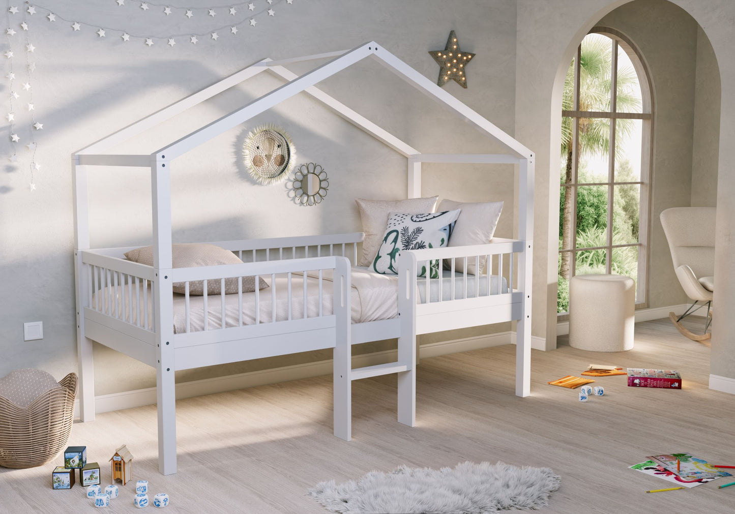 VIPACK FORREST European single house bed with ladder 90 x 200cm white