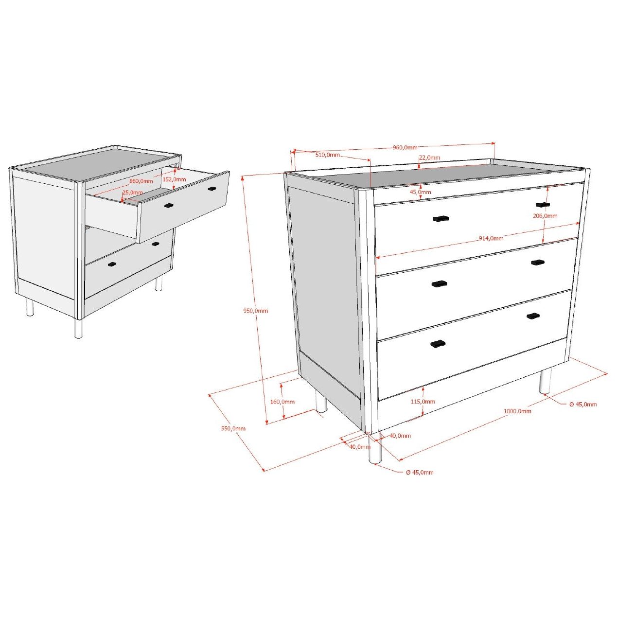 VIPACK JAXX FORREST 3 piece room set with 3 drawer chest white