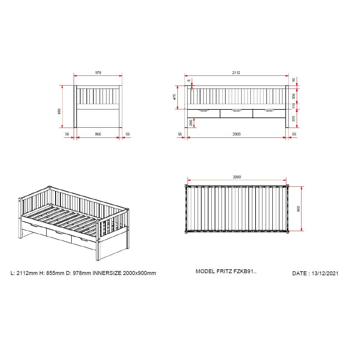 VIPACK FRITZ European single cabin bed 90 X 200cm with 3 drawers & under bed drawer white