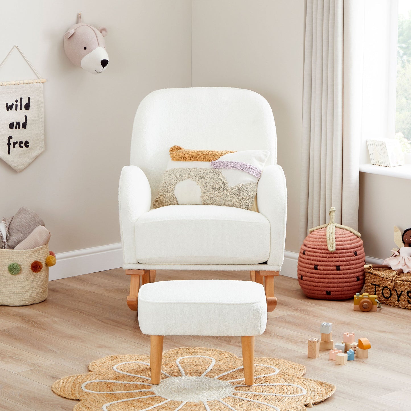 Babymore Freya Nursing Chair with Stool  Off White Bouclé