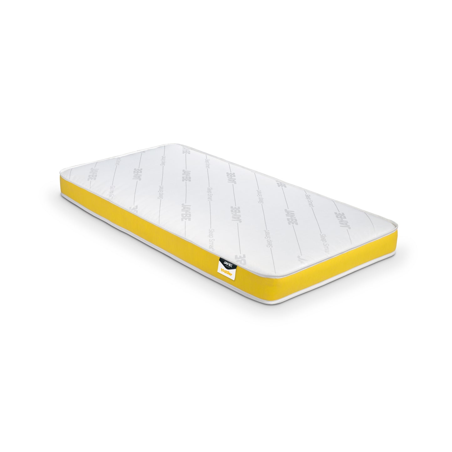 full view of Jay-Be anti allergy e-pocket sprung toddler bed mattress with yellow sides on plain white background