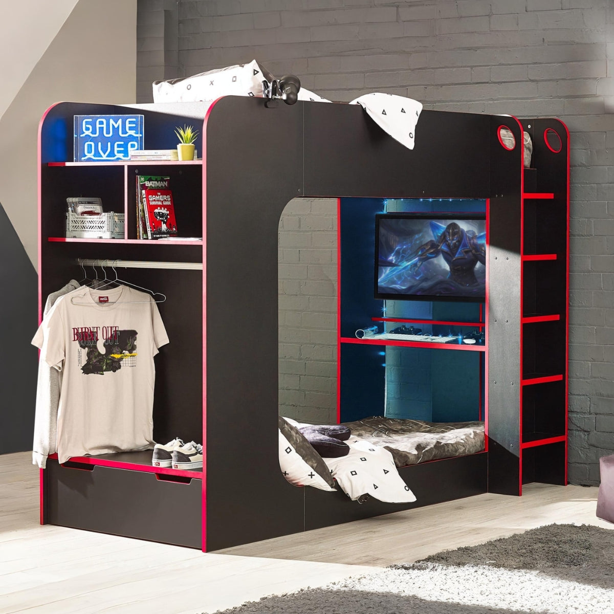 Julian Bowen Impact gaming bed in black and red in teen bedroom