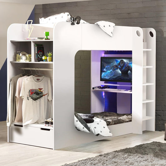 kids gaming bunk bed in white with computer screen in modern bedroom