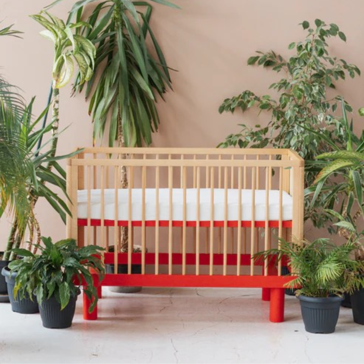 KARL & FRIC Nox cot 120 x 60cm natural wood and red inc conversion rail