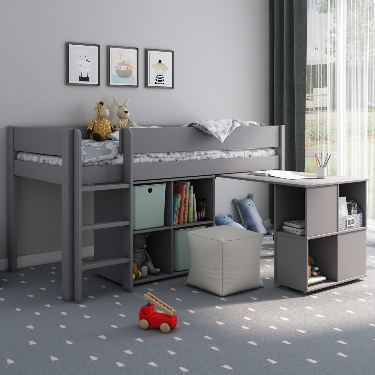 kids grey anderson mid sleeper bed with ladder and pull out desk with storage