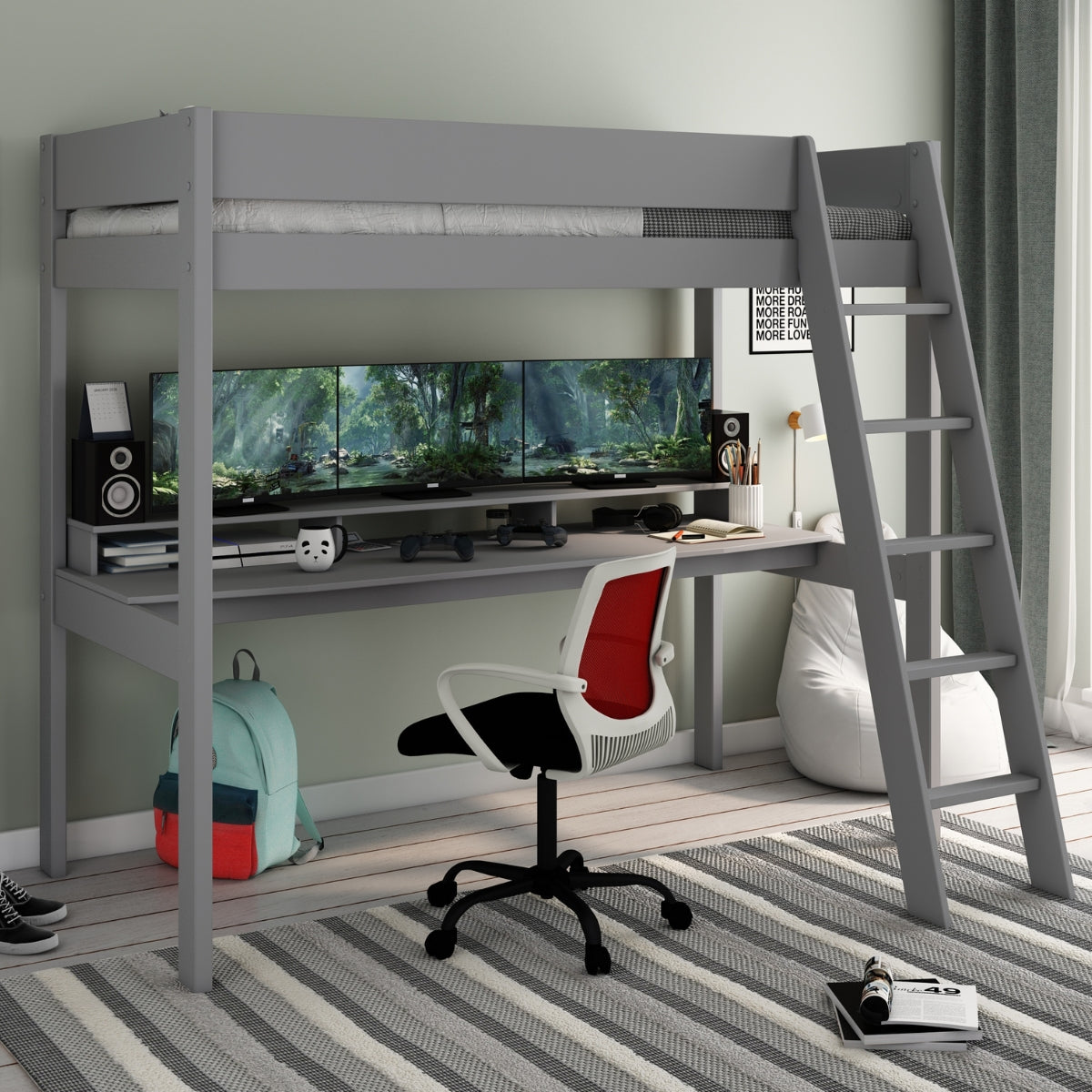 anderson wooden XL high sleeper bed in grey with ladder and desk underneath in teenagers bedroom