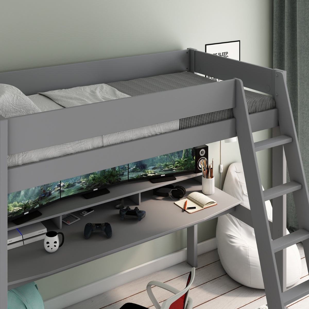 dreams anderson grey high sleeper XL bed in teens bedroom with ladder and desk underneath and gaming chair