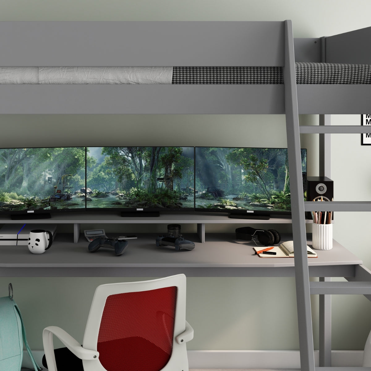 gaming desk under grey wooden high sleeper anderson dreams kids avenue bed in teenagers bedroom