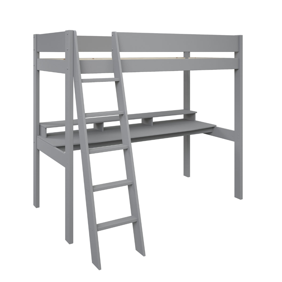 Grey high sleeper loft bed with desk underneath on a plain white background