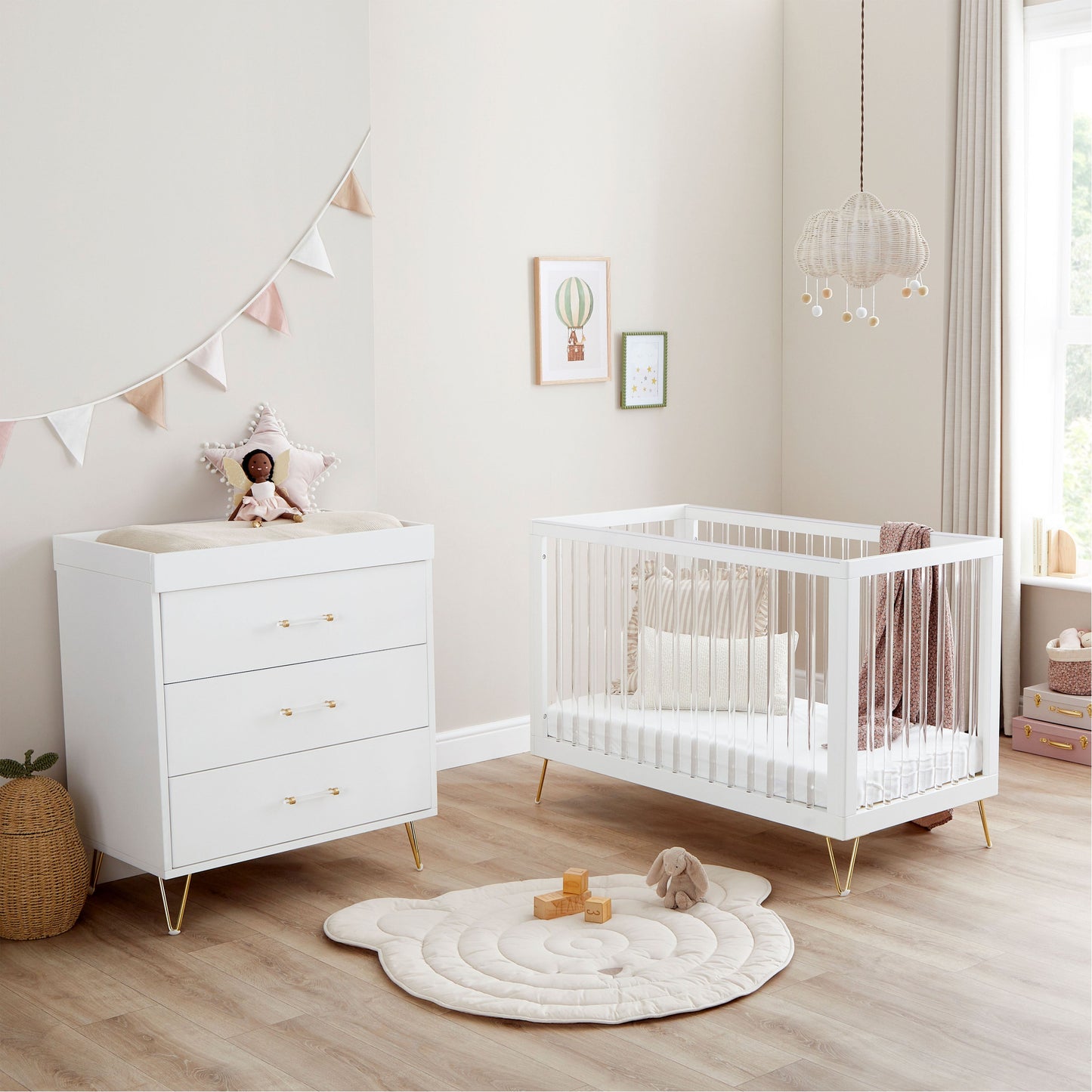 Babymore Kimi Acrylic Cot Bed 120 x 60cm 2 Piece Nursery Room Set
