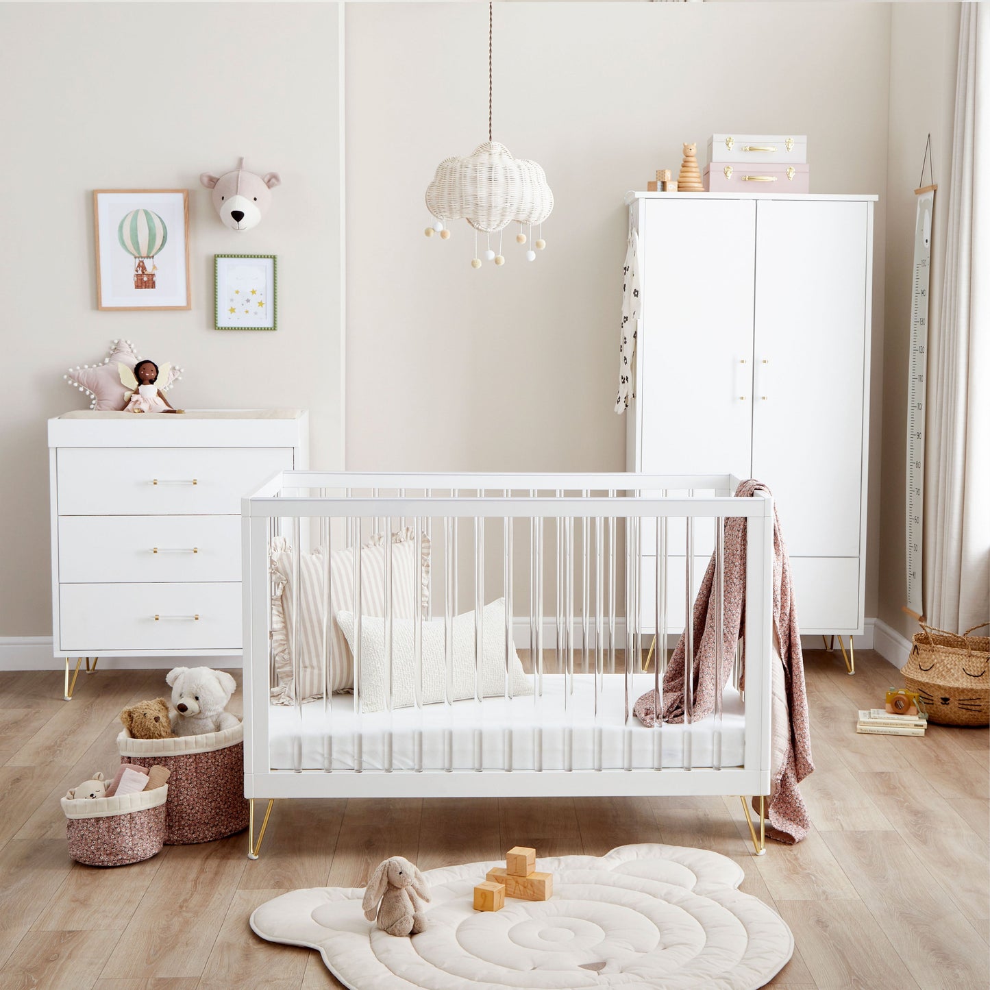 Babymore Kimi Acrylic Cot Bed 120 x 60cm 3 Piece Nursery Room Set