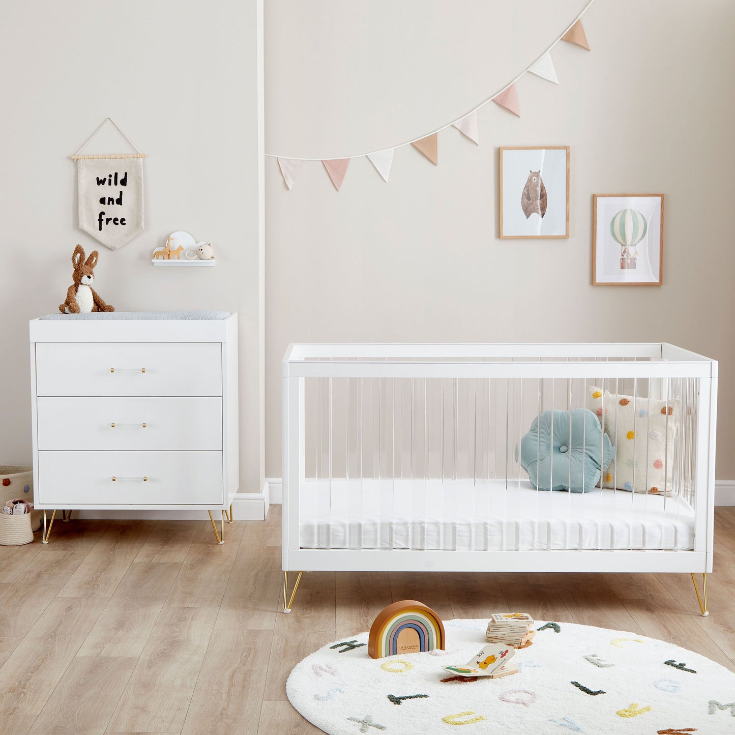 Babymore Kimi XL Acrylic Cot Bed 140 x 70cm 2 Piece Room Set White