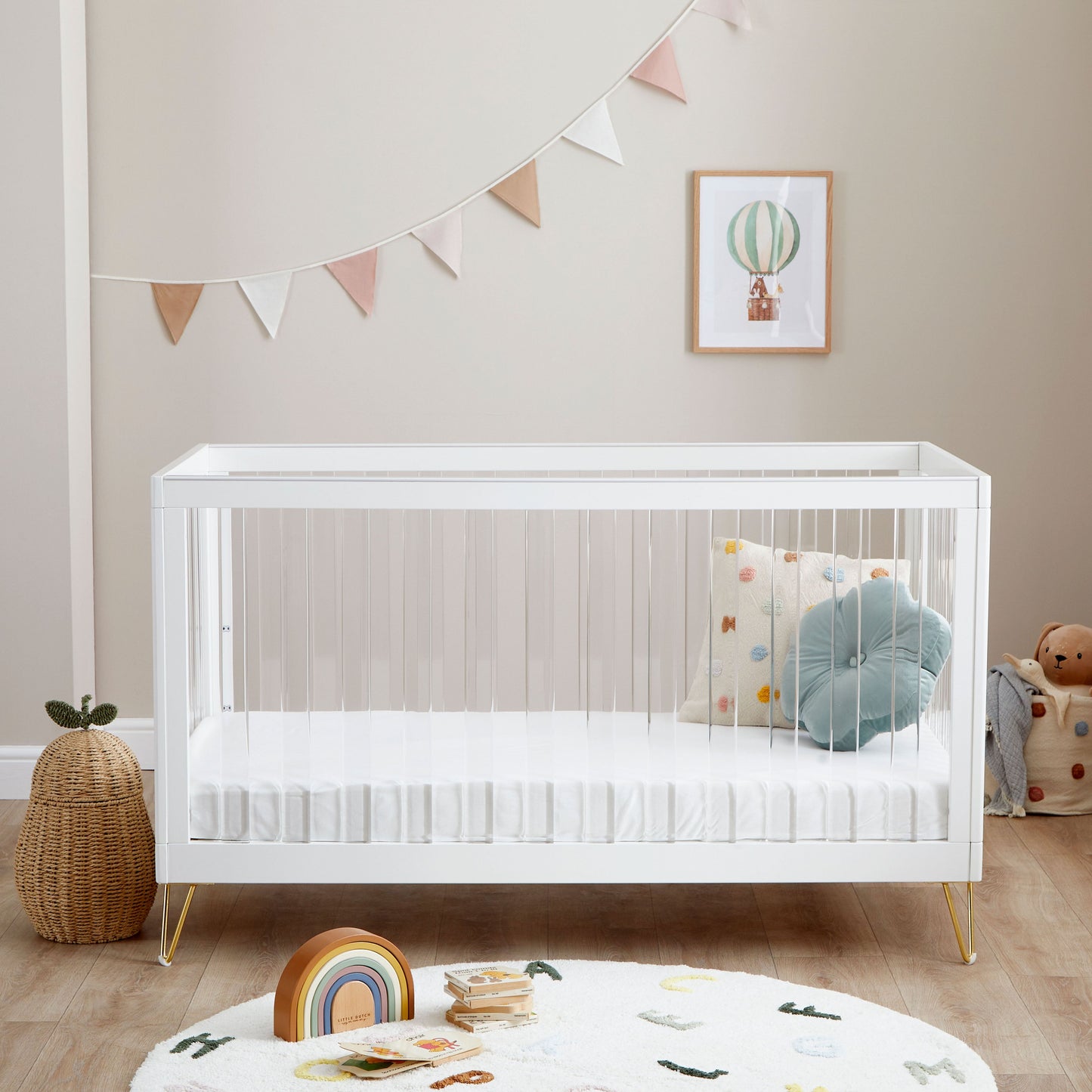 Babymore Kimi XL Acrylic Cot Bed 140 x 70cm 2 Piece Room Set White