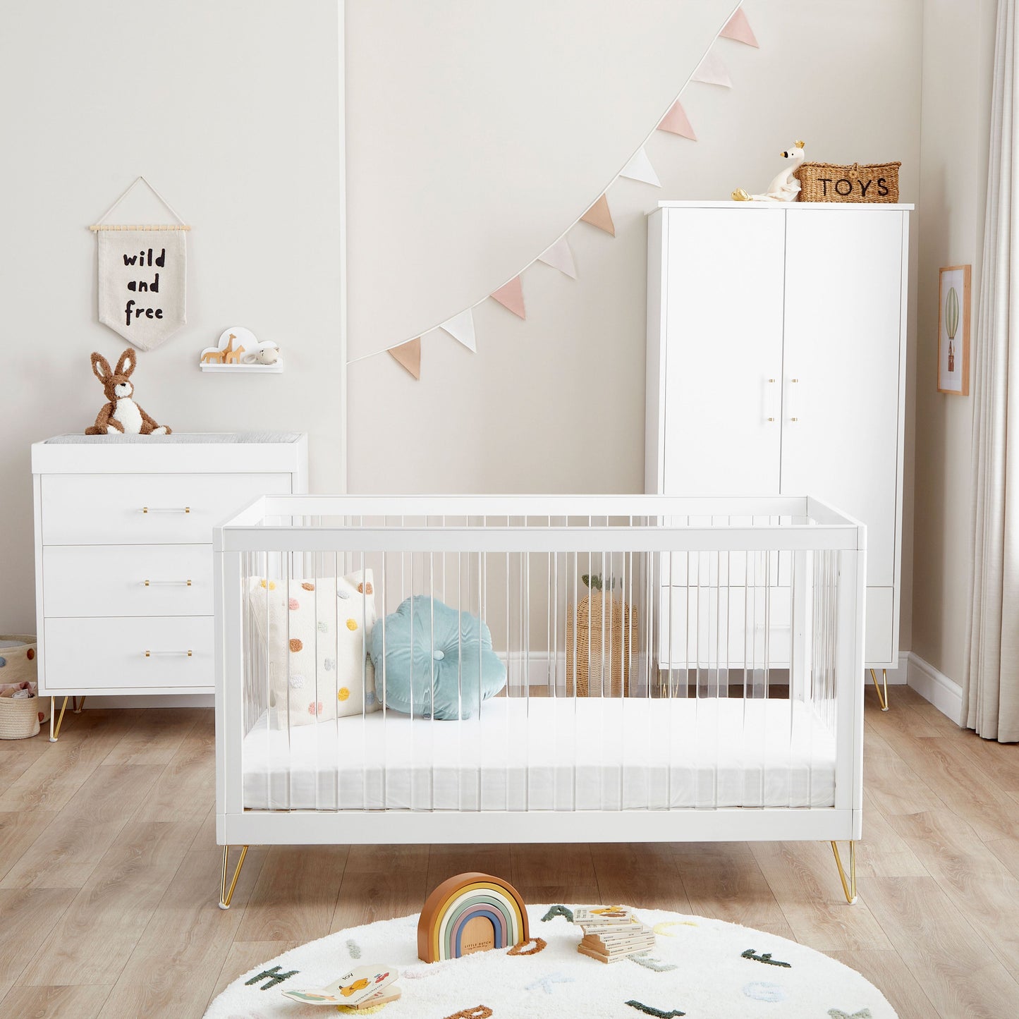 Babymore Kimi XL Acrylic Cot Bed 140 x 70cm 3 Piece Room Set White