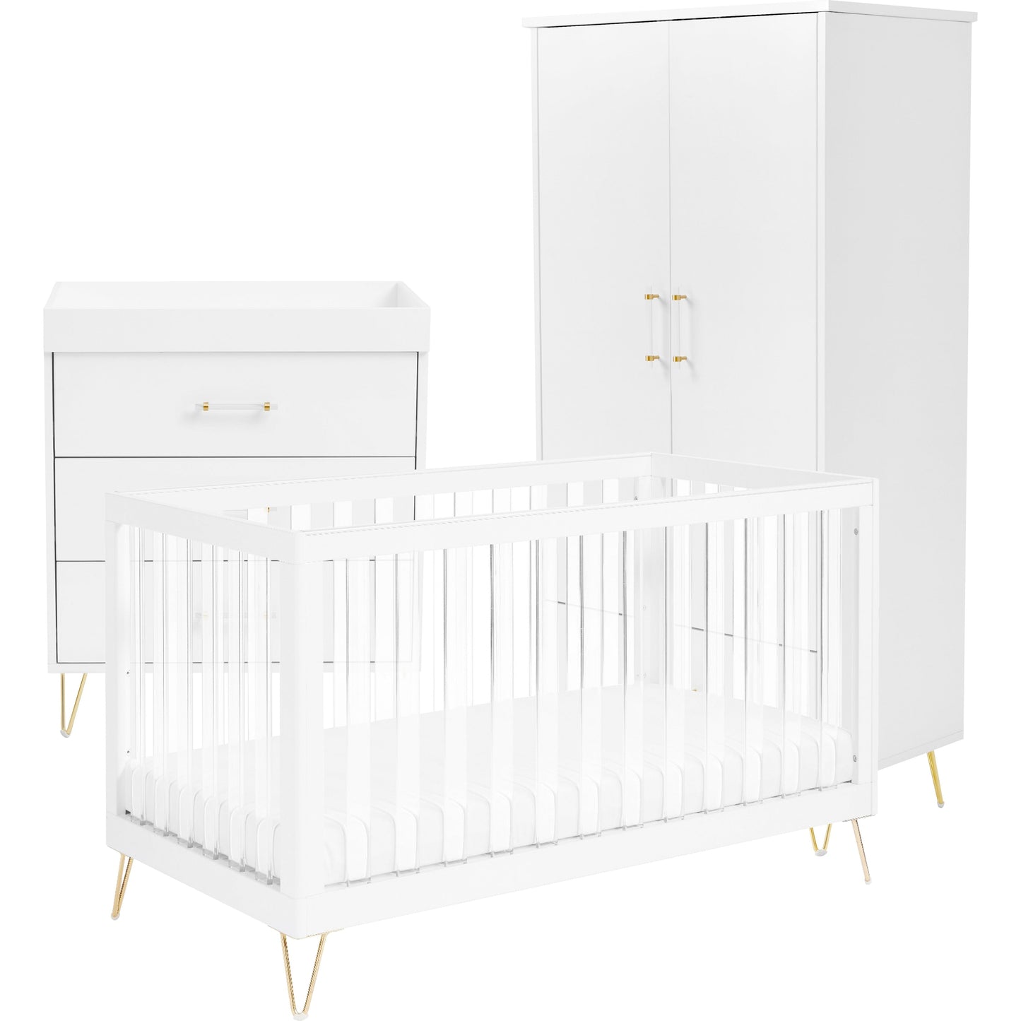 Babymore Kimi XL Acrylic Cot Bed 140 x 70cm 3 Piece Room Set White