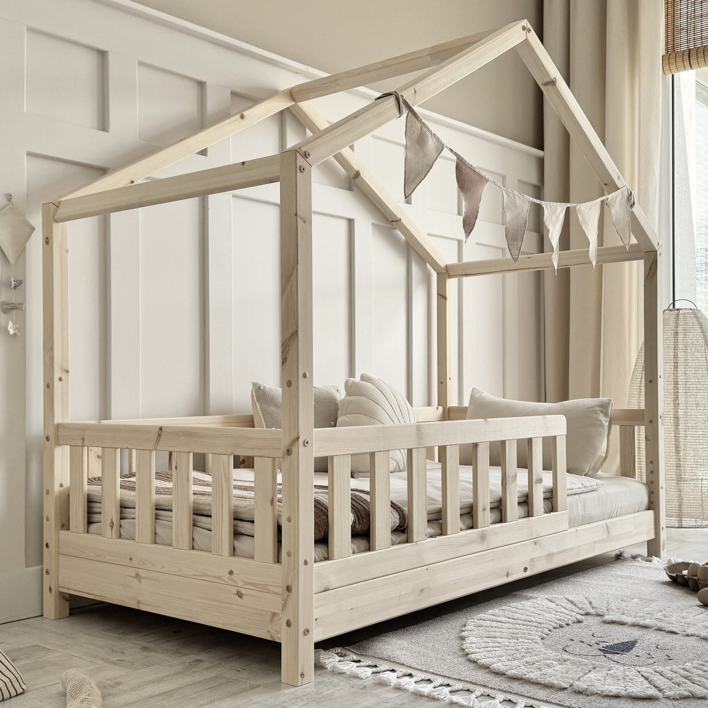 luletto gabby natural wood house bed in modern light Scandinavian childrens bedroom 