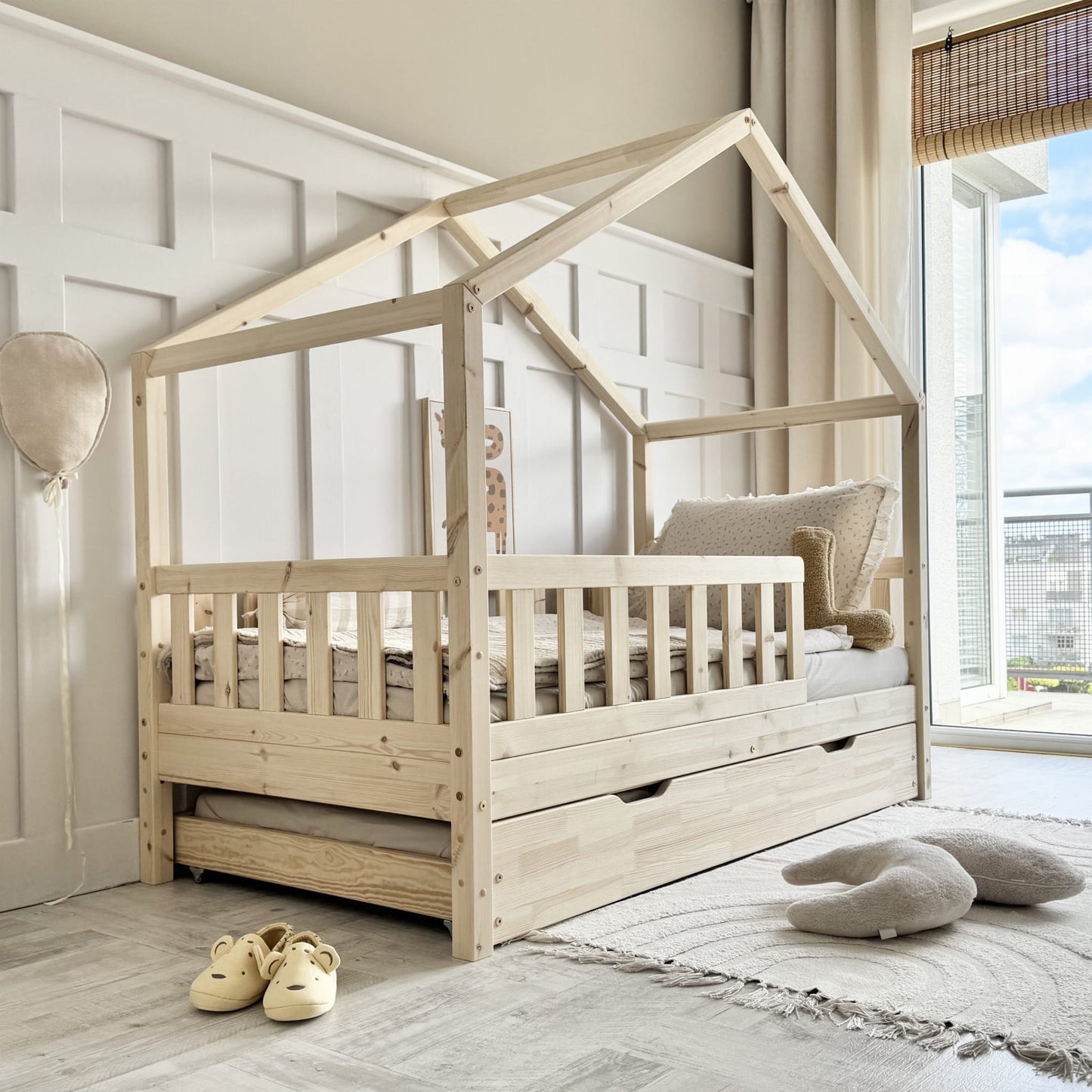Luletto Gabby Plus House Bed inc Bed Guard 90 x 190cm Natural Wood