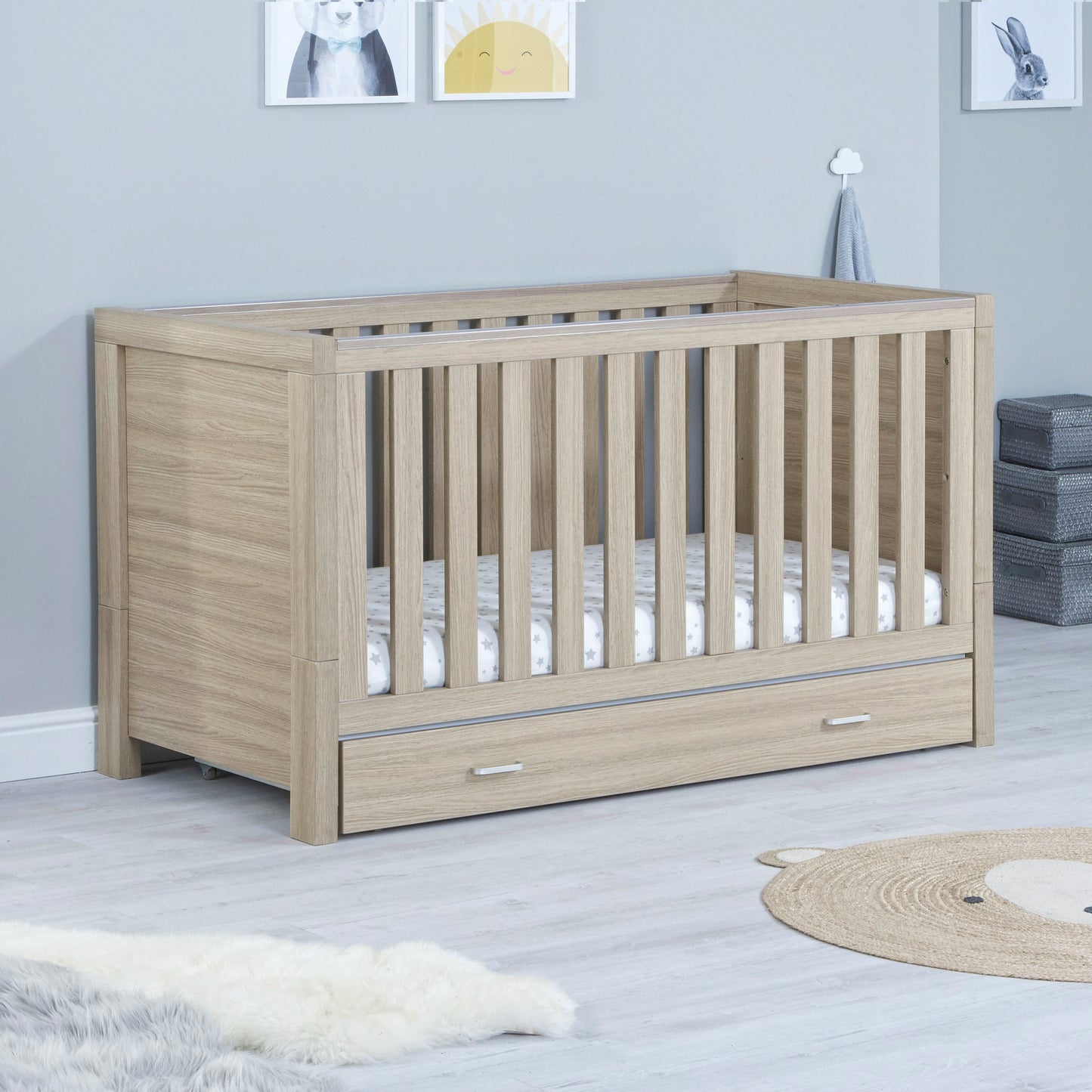 Babymore Luno Cot Bed 140 x 70cm Oak with drawer