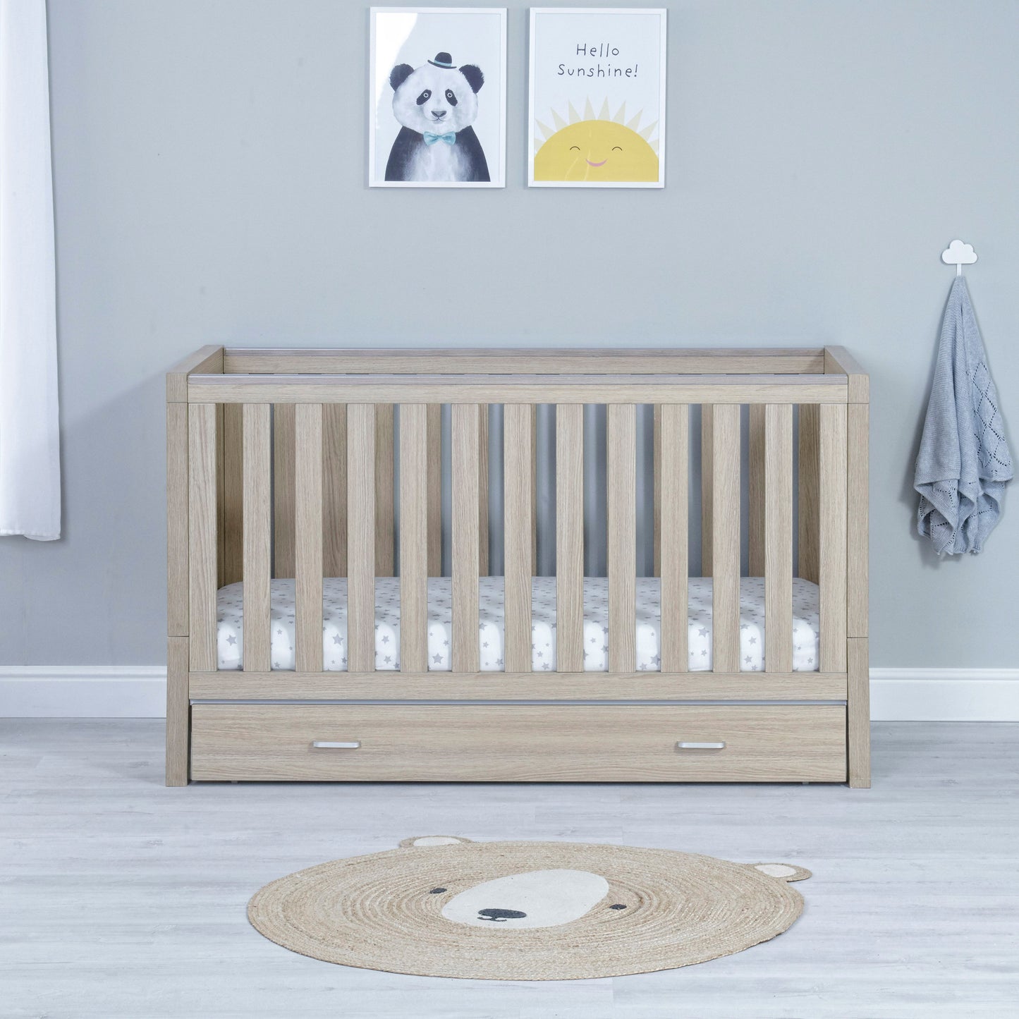 Babymore Luno Cot Bed 140 x 70cm Oak with drawer