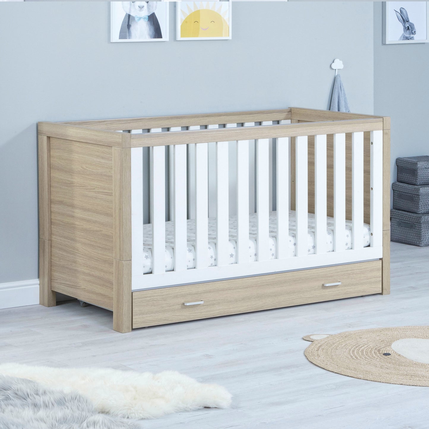 Babymore Luno Cot Bed 140 x 70cm White Oak with drawer