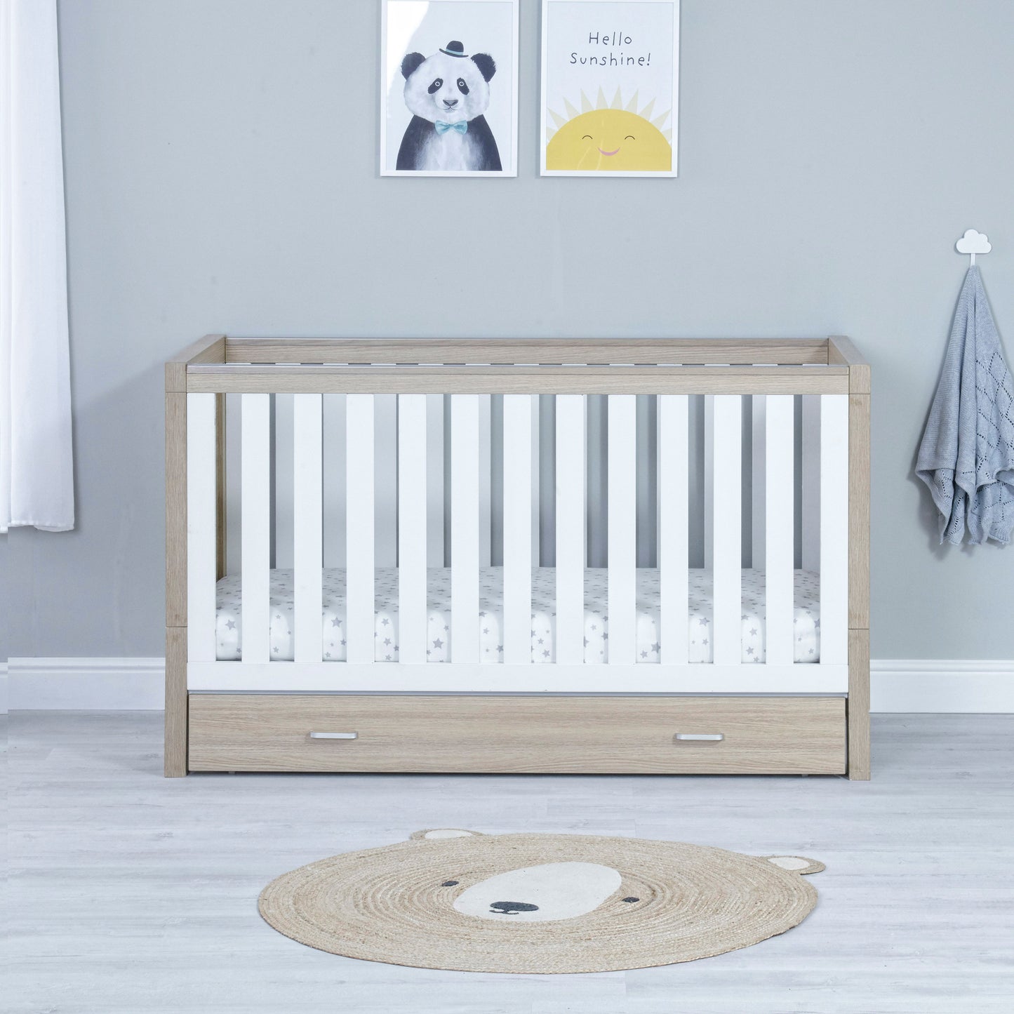 Babymore Luno Cot Bed 140 x 70cm White Oak with drawer