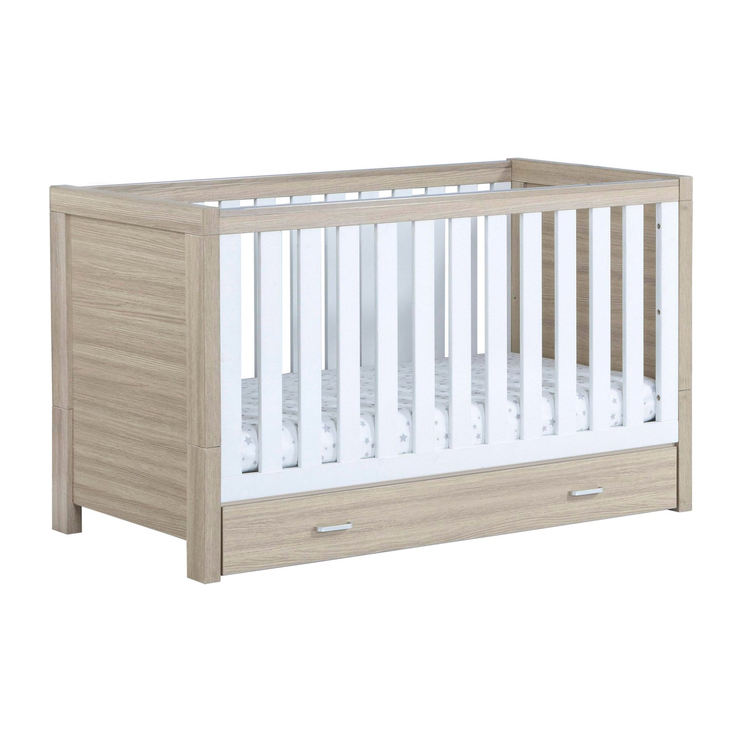 Babymore Luno Cot Bed 140 x 70cm White Oak with drawer