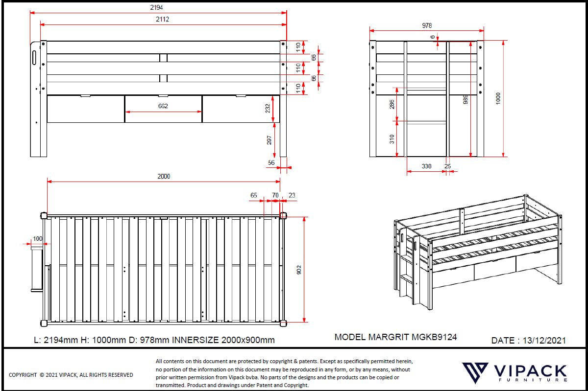 Technical drawing of a VIPACK MARGIT wooden cabin mid sleeper bed with dimensions and specifications.