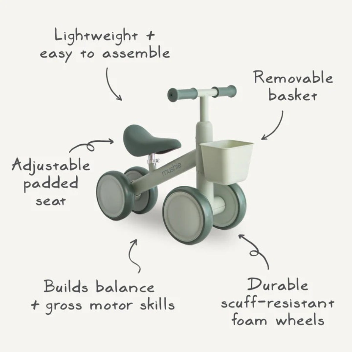 Mushie Mini Toddler Bike with text detailing product features and benefits