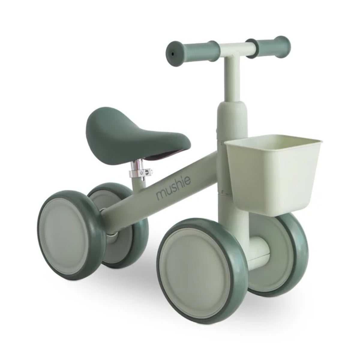 Mushie Mini Toddler Bike in Sage with EVA wheels, adjustable padded seat and detachable front basket on white background