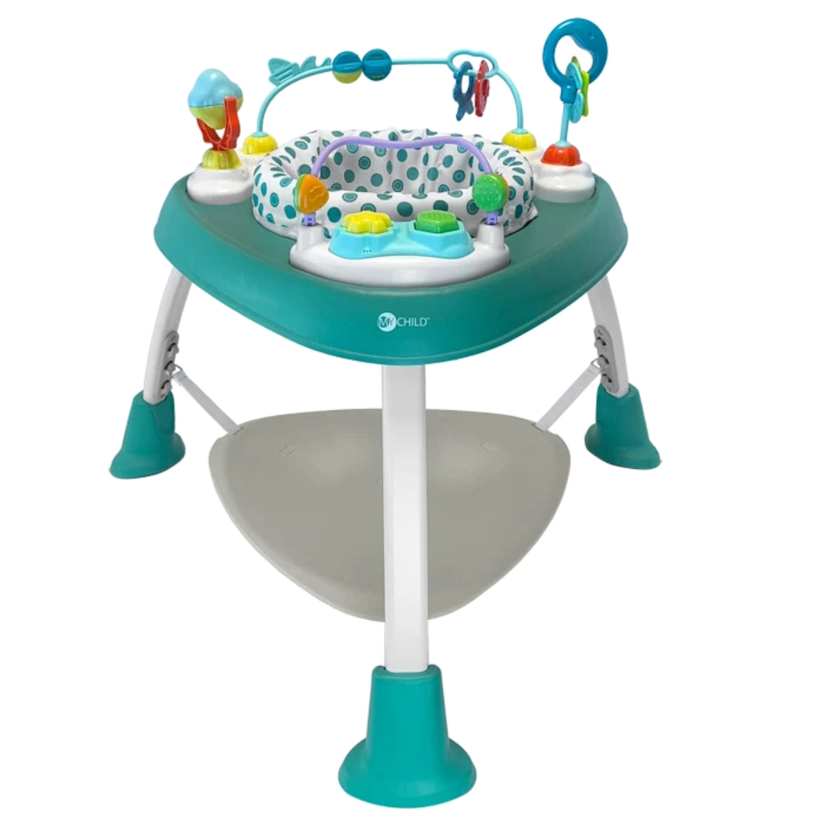 MyChild Grow With Me Activity Table in Sage with 360-degree rotating baby seat, bounce pad and interactive toy trays on white background