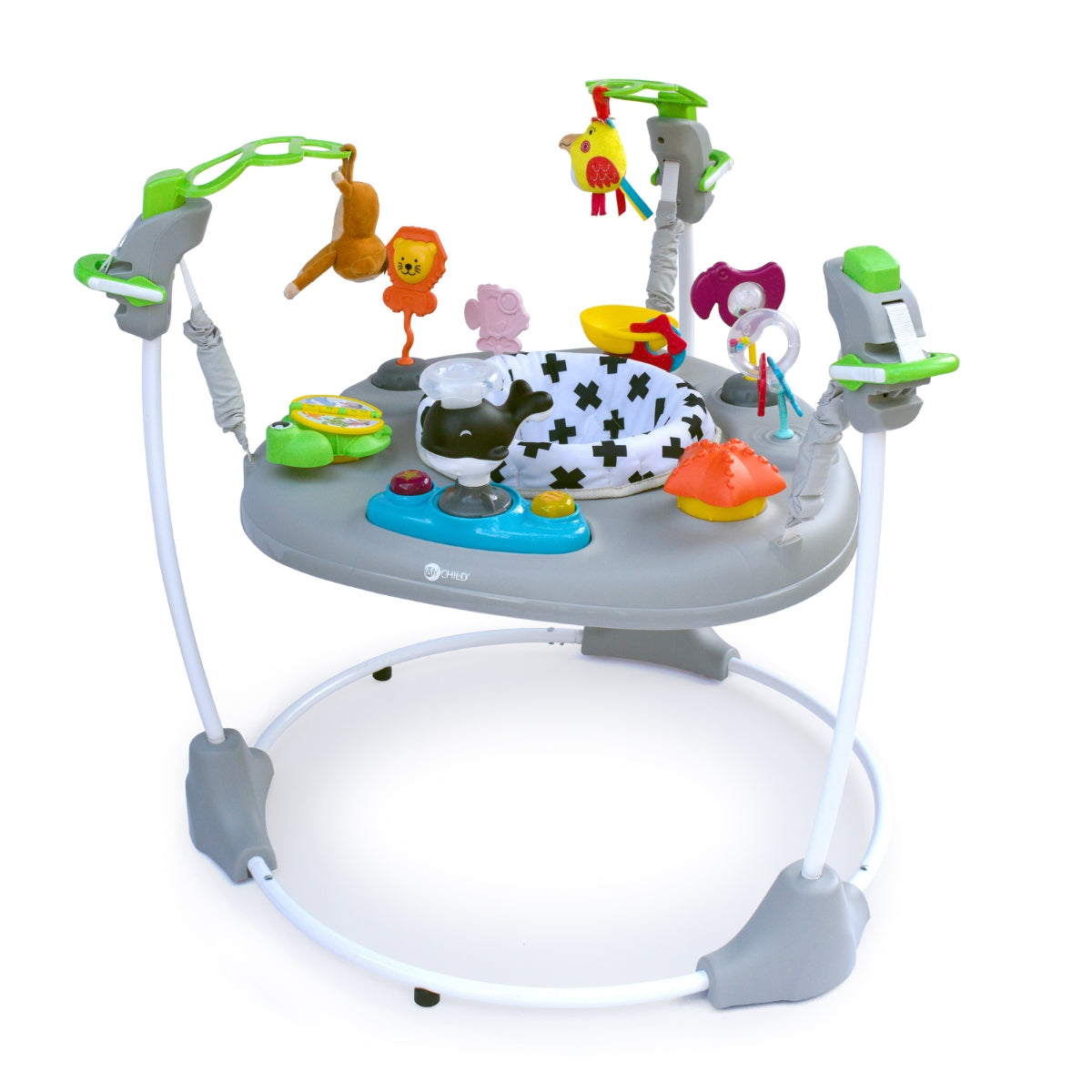 MyChild Animal Kingdom Jumpabout Activity Centre with 360-degree rotating seat, colourful jungle toys and interactive play tray on white background