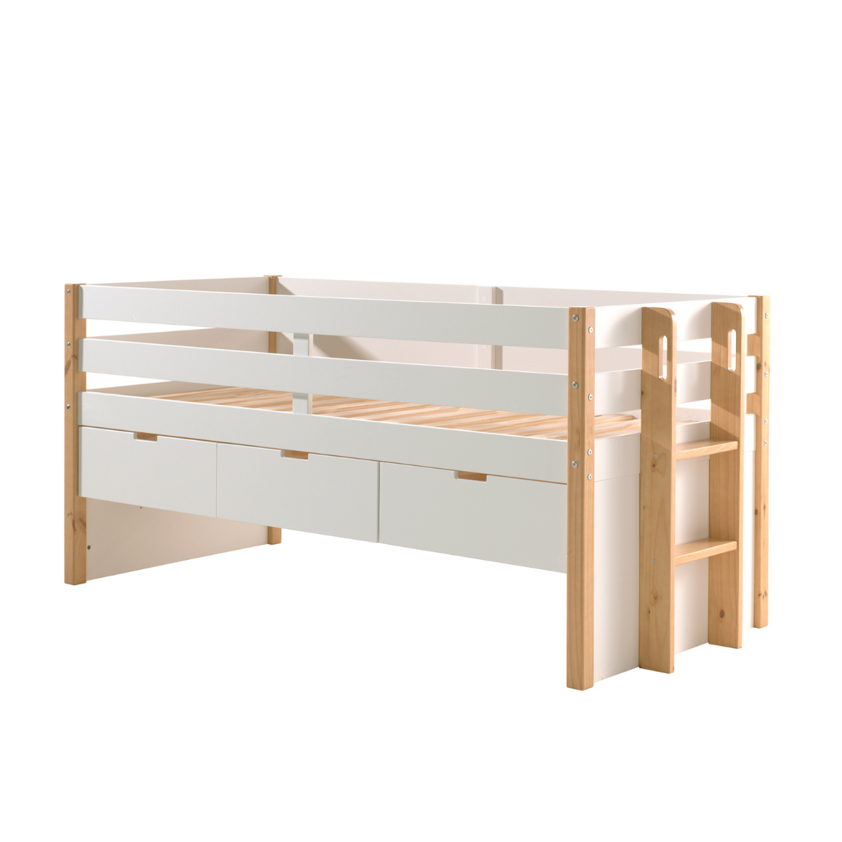 White and natural wooden children's cabin mid sleeper bed with storage 3 drawers on a white background