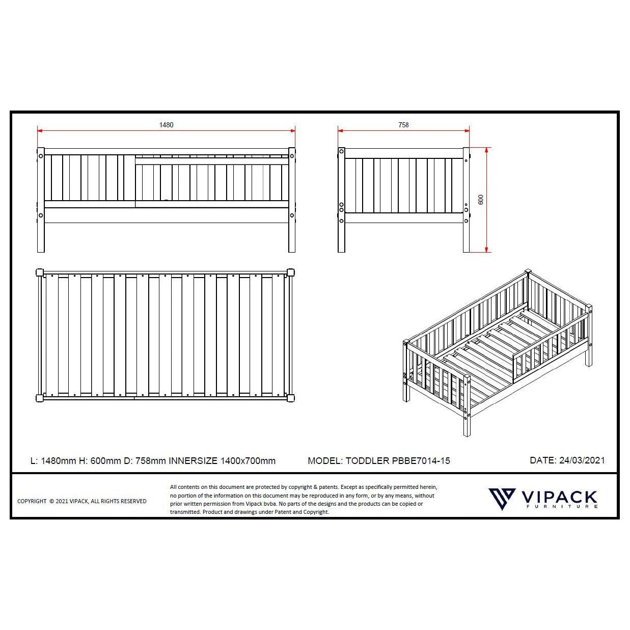 VIPACK JAXX PEUTERBED toddler bed 140 x 70cm grey