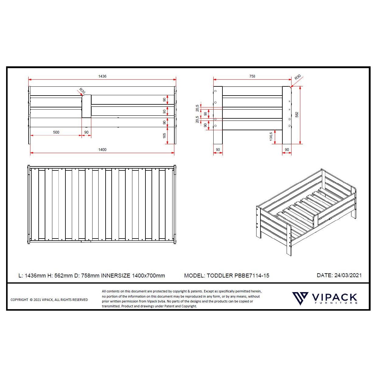 VIPACK JAXX PEUTERBED toddler bed 140 x 70cm grey panel bed guard