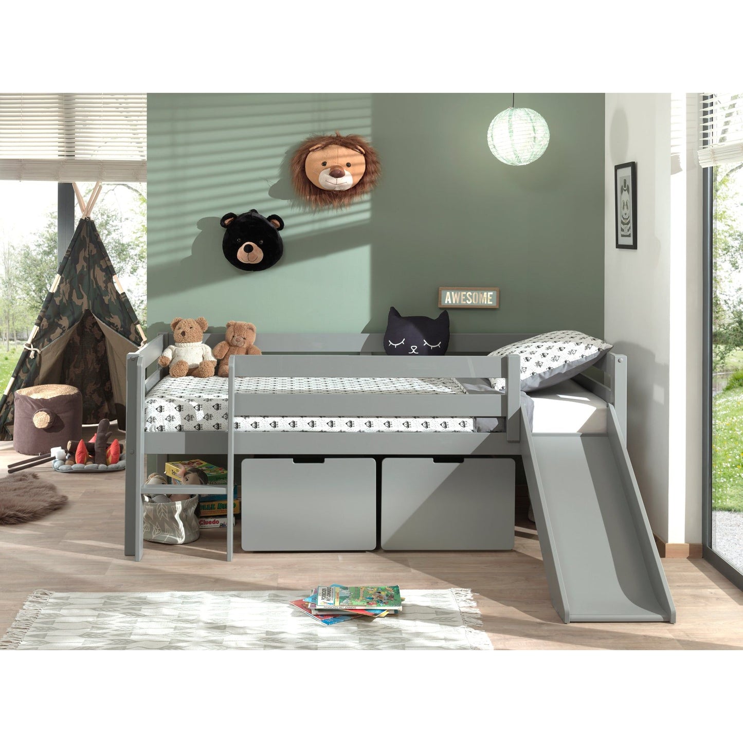 VIPACK PINO European single mid sleeper low 90 X 200cm with ladder & slide & storage drawers grey