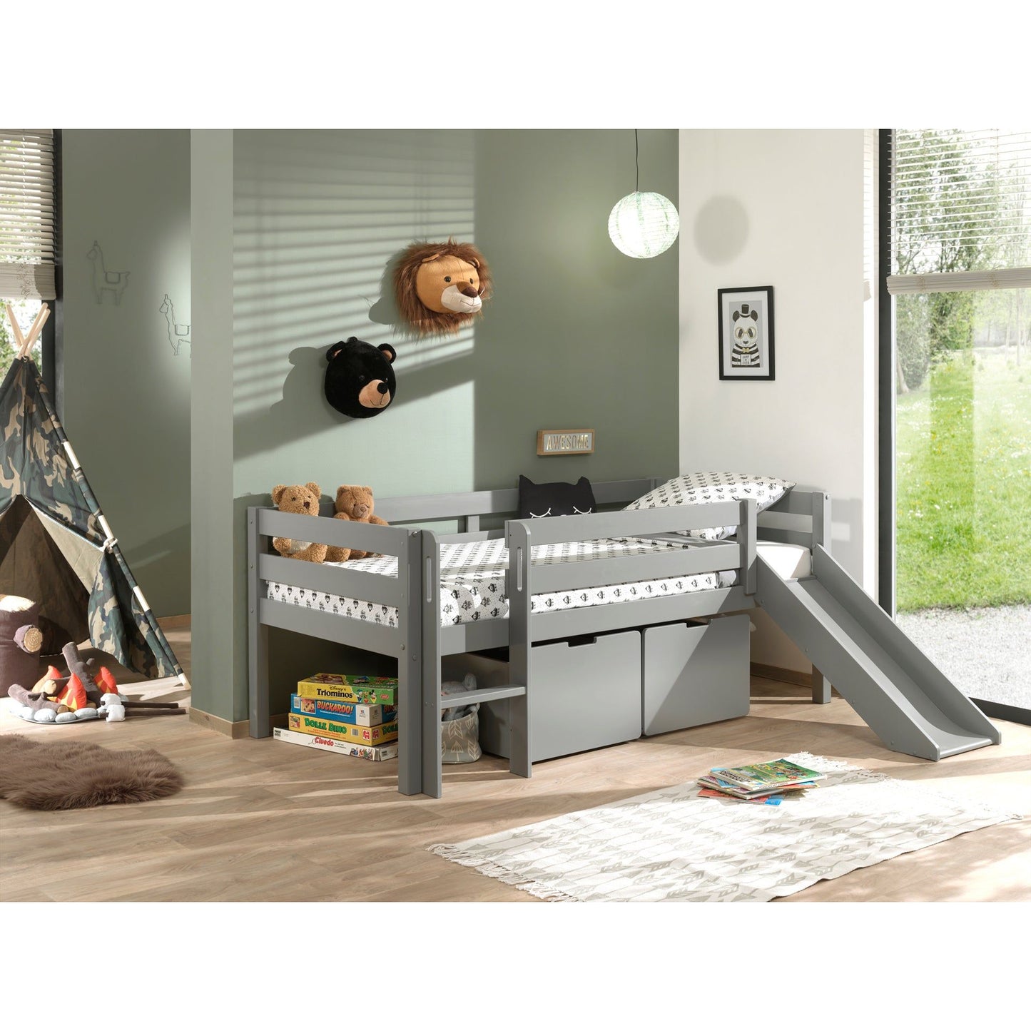 VIPACK PINO European single mid sleeper low 90 X 200cm with ladder & slide & storage drawers grey