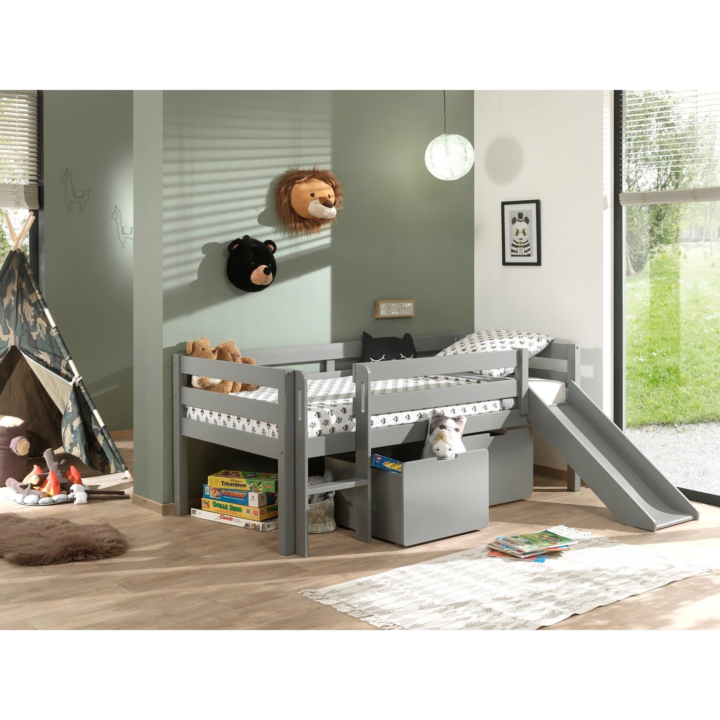 VIPACK PINO European single mid sleeper low 90 X 200cm with ladder & slide & storage drawers grey