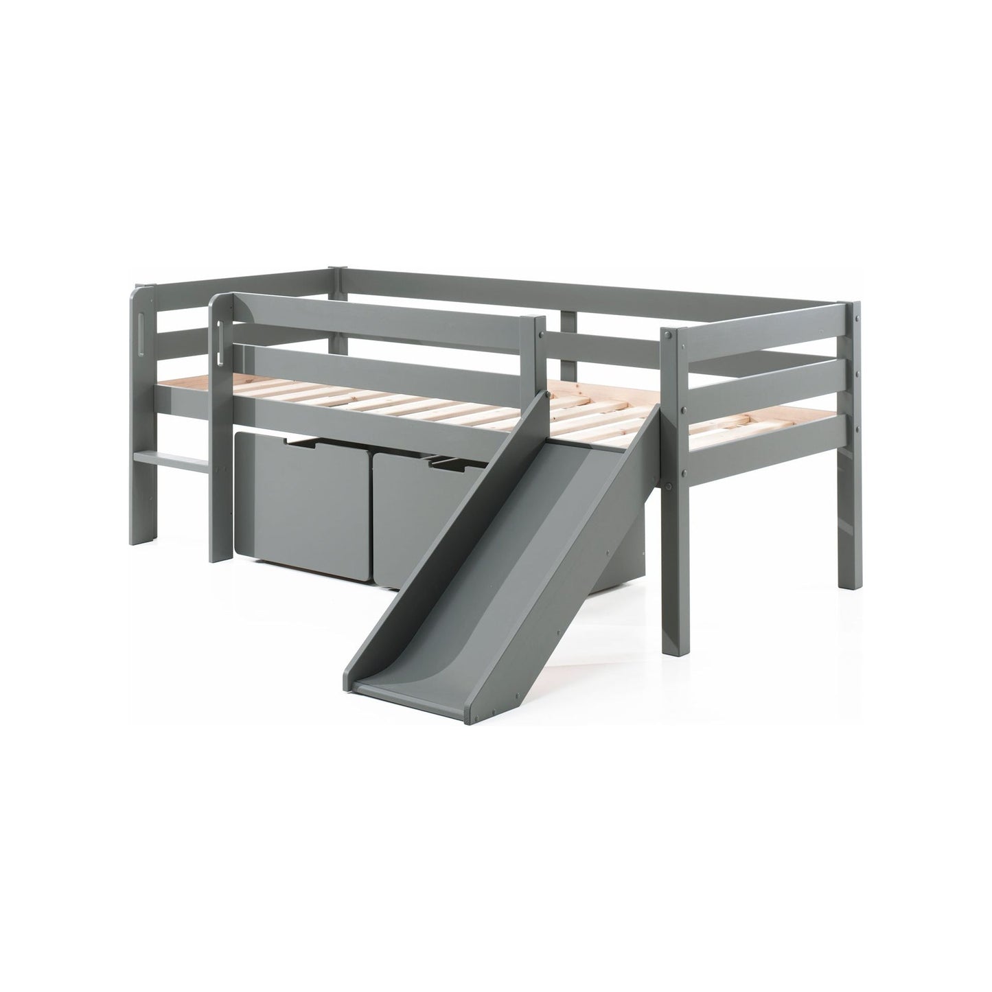 VIPACK PINO European single mid sleeper low 90 X 200cm with ladder & slide & storage drawers grey