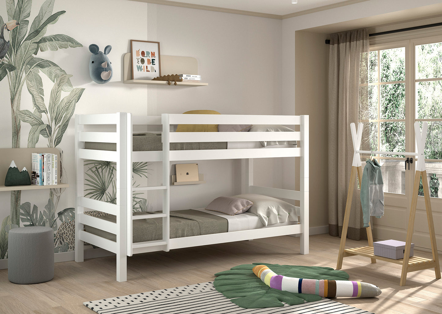 modern looking White bunk bed in a Scandi European room with decor elements like books, a plant, and a shelf.