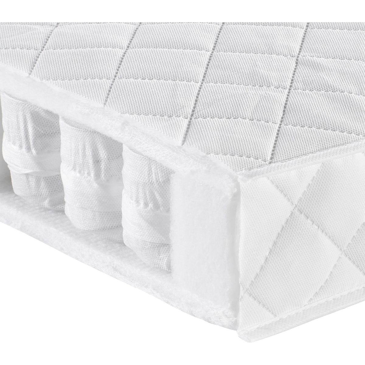 120 x 60cm pocket sprung mattress cut out showing soft springs inside on plain white background