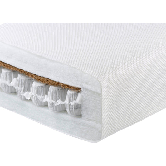 Premium Core 120 x 60cm Cot Mattress showing pocket springs and core layer inside mattress on plain white background