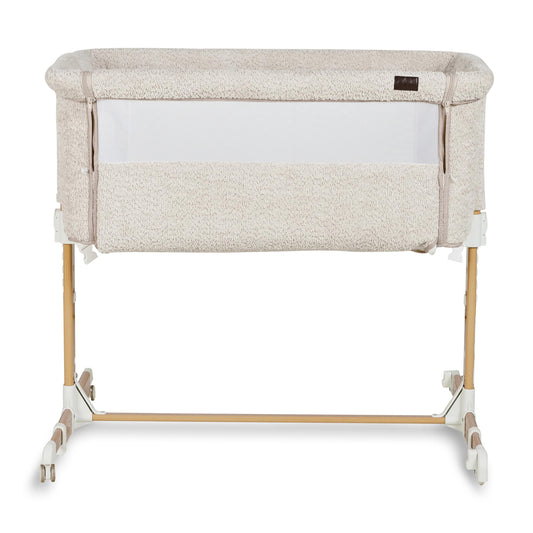Quax Side by Side Co-Sleeper Crib in Natural Bouclé Sheep with bedside sleeping design on white background