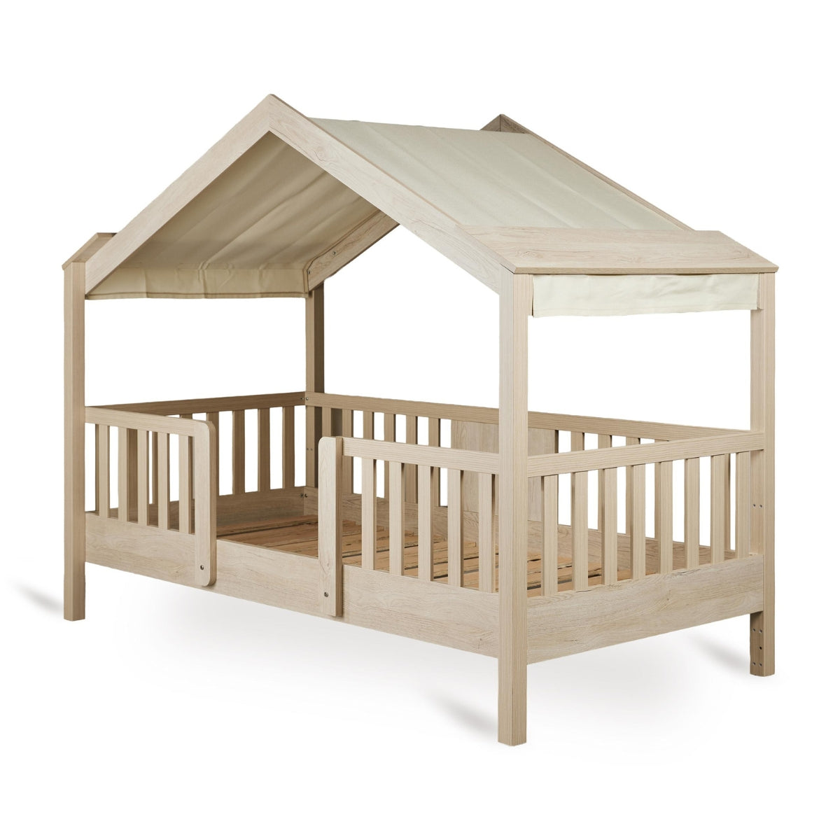 Quax Chalet Junior Bed Butter fabric roof cover on natural wood montessori childrens house bed 