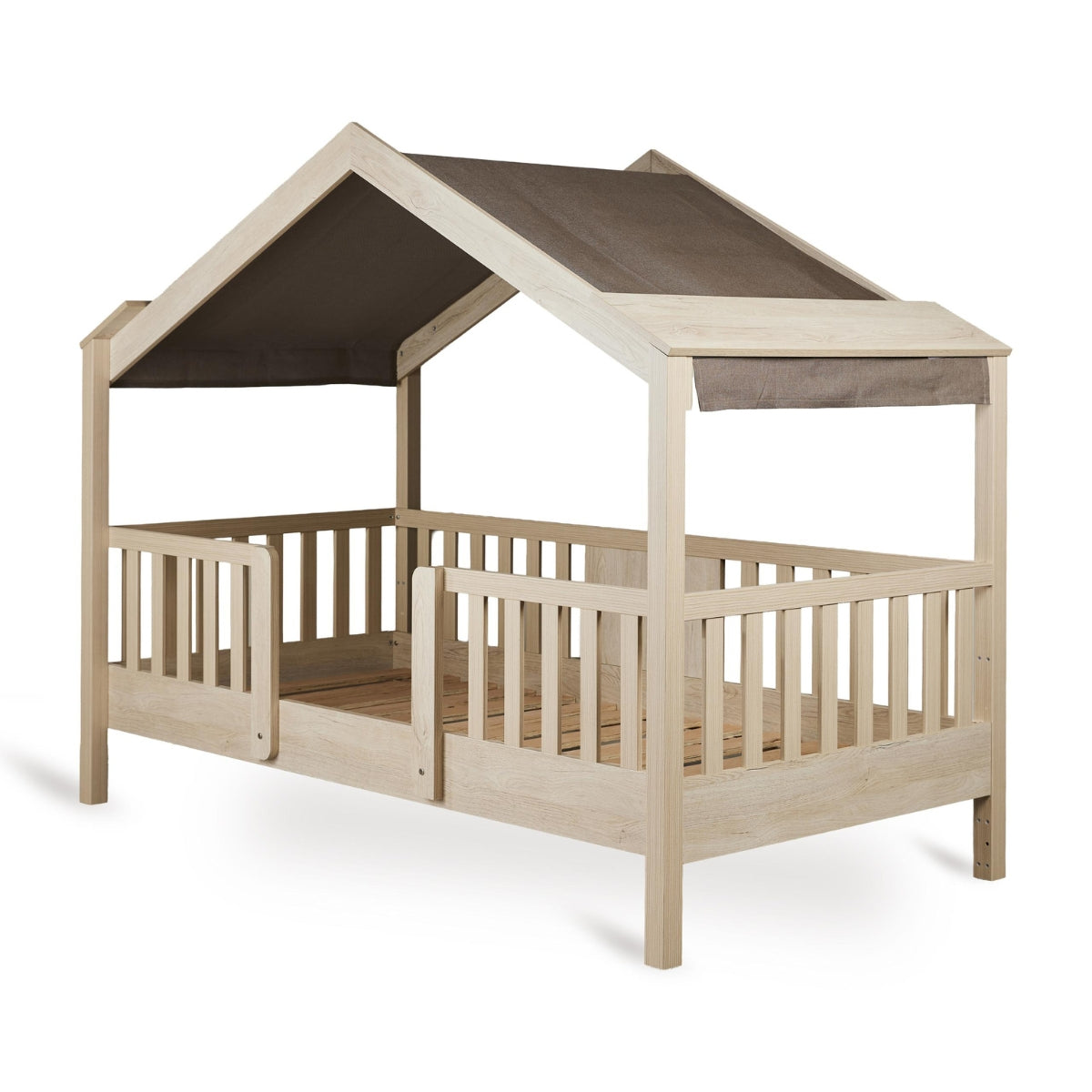 Quax Chalet Junior Bed Chocolat fabric roof cover on natural wood montessori house bed on white background