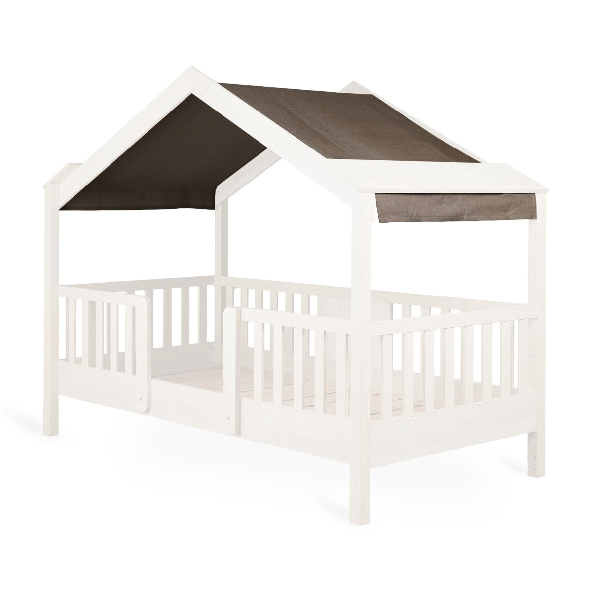 Quax Chalet Junior Bed Chocolat fabric roof cover on faded out natural wood montessori house bed on white background
