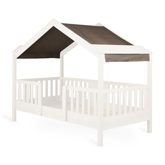 Quax Chalet Junior Bed Chocolat fabric roof cover on faded out natural wood montessori house bed on white background