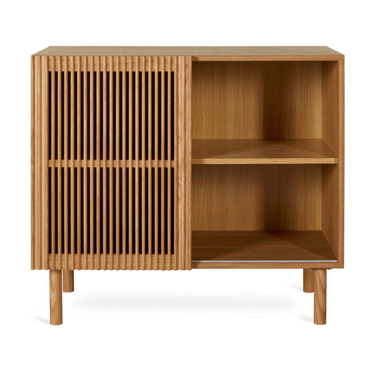 Quax Hai No Ki Natural Ash nursery chest with solid ash wood sliding door on white background