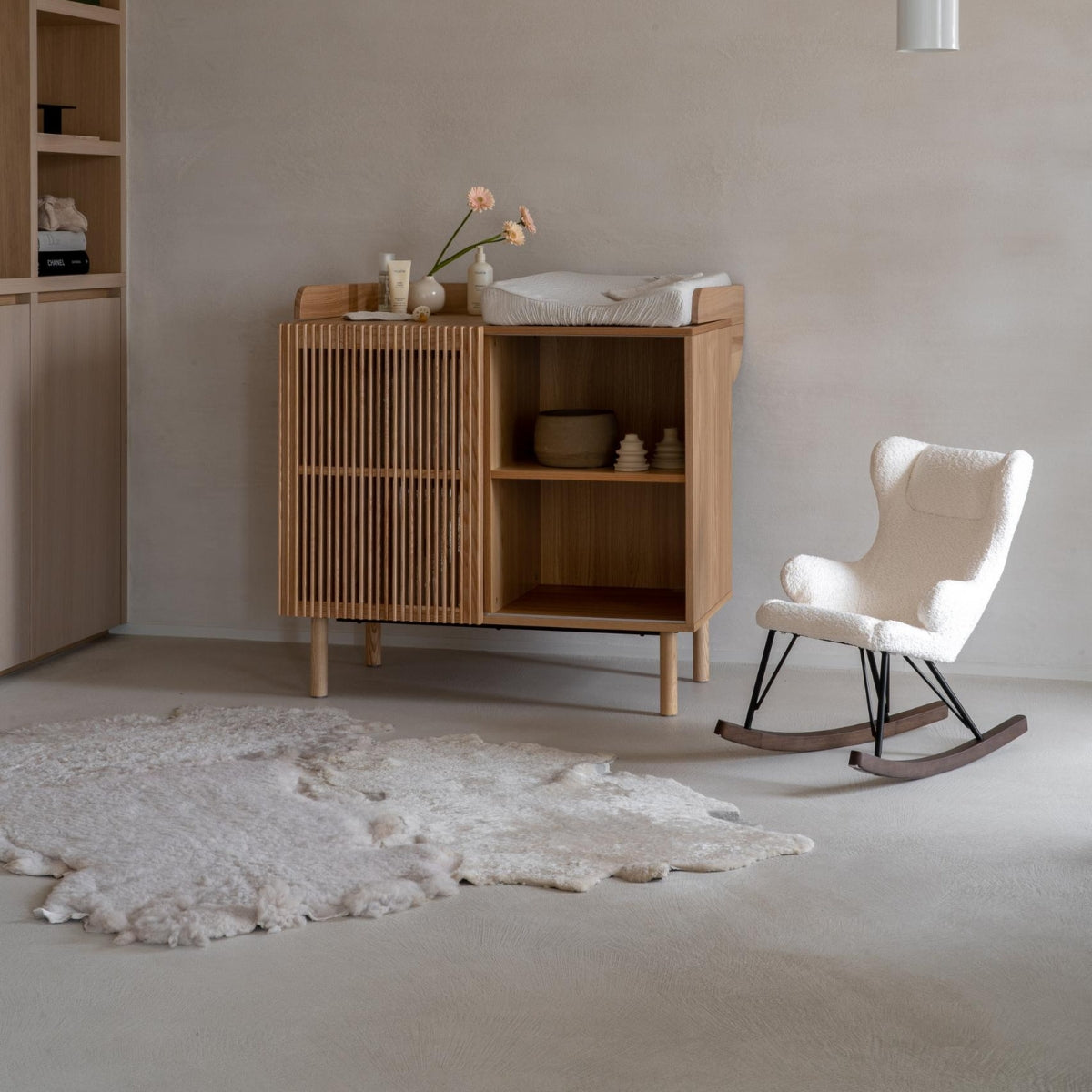 Quax Hai No Ki Natural Ash chest styled in a contemporary Japandi nursery with neutral decor