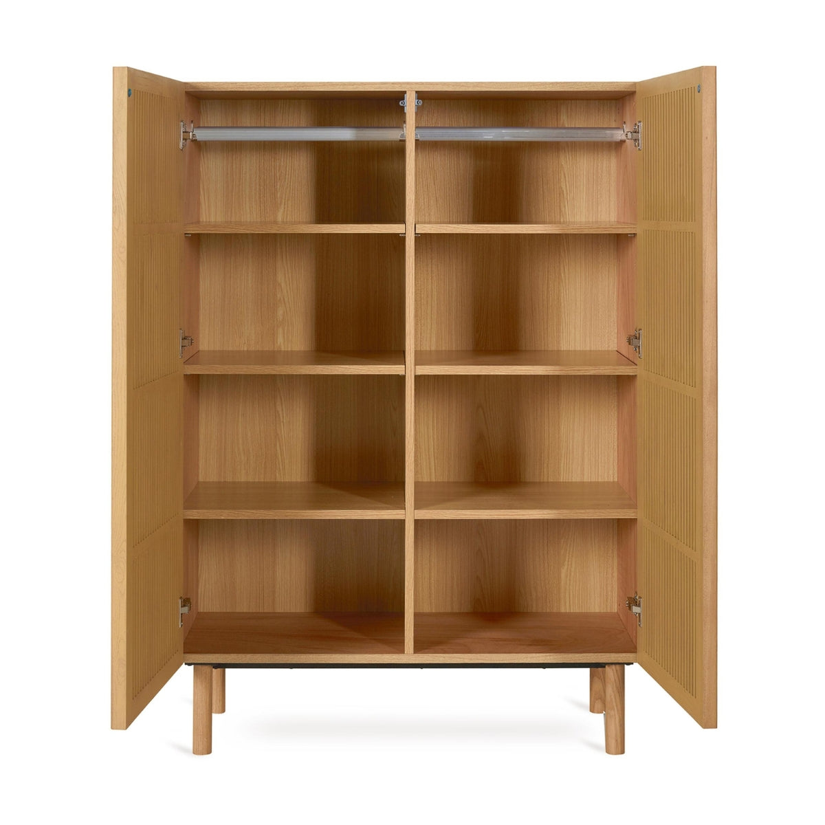 Inside Quax Hai No Ki wardrobe showing removable shelves and two clothing rails on white background
