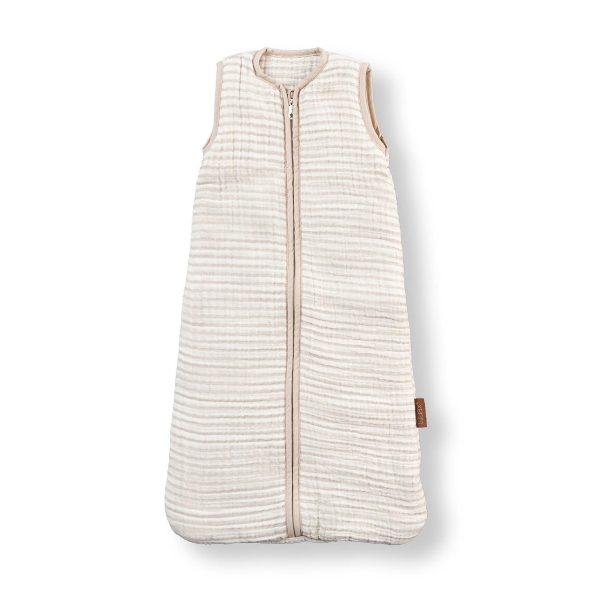 Quax Muslin Baby Sleeping Bag 2.5 TOG 0–6 Months in Natural Stripes, made from 100% cotton double muslin on white background